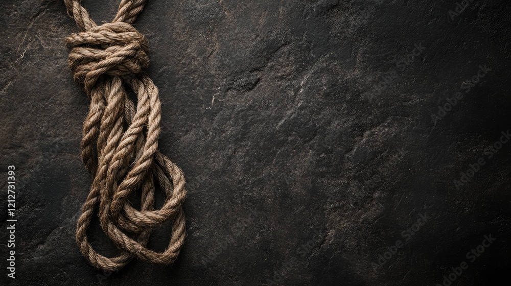 Aufkleber Twisted natural rope draped on a textured dark stone background creating a striking visual contrast and depth.