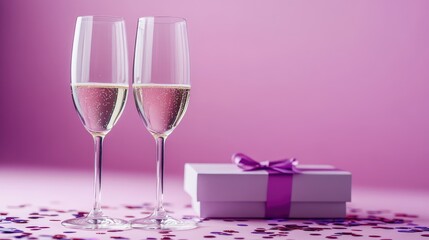 Elegant champagne glasses filled with sparkling beverage beside a beautifully wrapped gift box with a purple ribbon on a soft pink background adorned with colorful confetti.