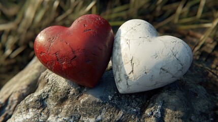 Obraz premium Vintage red and white hearts symbolizing love on a natural stone background reflecting romance and connection in a serene setting