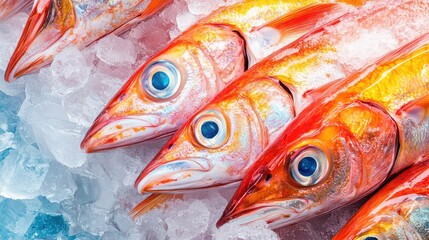 Colorful display of fresh red fish on ice at a bustling seafood market capturing vibrant coastal ambiance and fresh marine produce