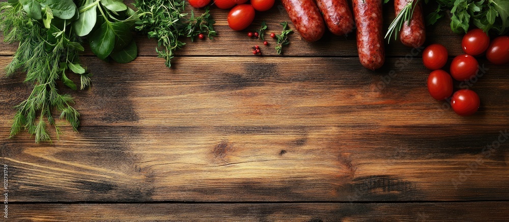 Aufkleber Colorful display of assorted fresh raw sausages and vibrant herbs on rustic wooden table with cherry tomatoes and ample empty space for text.