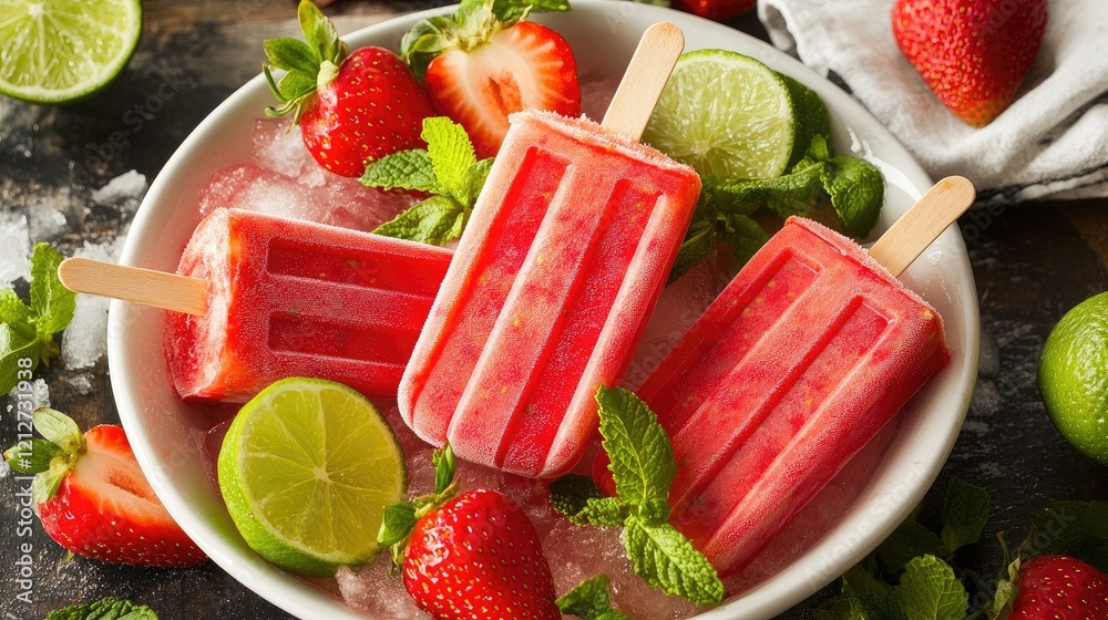 Poster refreshing strawberry lime popsicles garnished with fresh mint in a decorative bowl with ice and fru