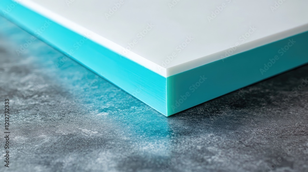 Poster solid surface material in turquoise and white colors with a smooth finish displayed on a metallic su