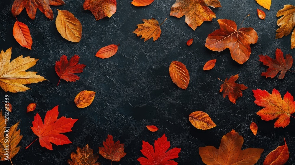 Poster Vibrant autumn leaves in shades of orange and red floating on a dark textured surface creating a serene fall atmosphere in the foreground