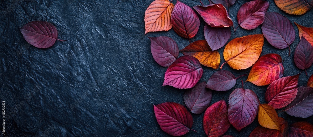 Poster Vibrant autumn leaves in rich reds and oranges on textured dark stone background with ample blank space for creative text placement