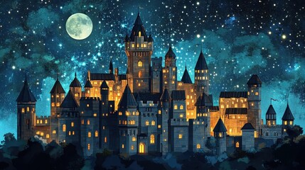 Majestic Castle Illuminated Under a Starlit Night Sky