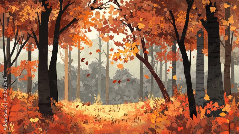 Poster serene autumn forest landscape with rich orange and brown foliage surrounded by textured tree trunks