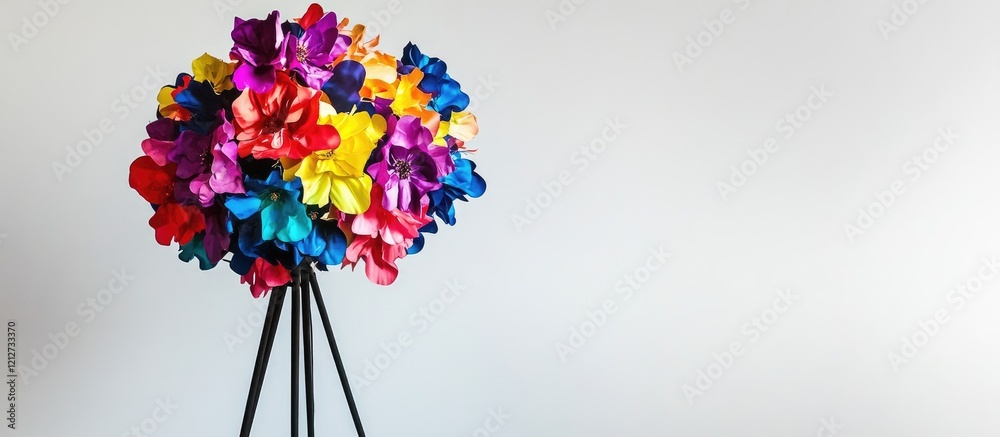 Poster vibrant artificial flower lamp on tripod base creating artistic home decor against a minimalist whit