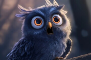 Obraz premium Close up of a fluffy cartoon owl with big surprised eyes and open beak, conveying shock and disbelief