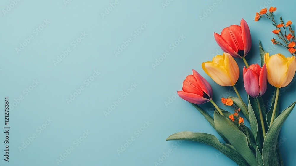 Poster Vibrant tulip bouquet in various colors on a blue background with ample negative space for text or design elements