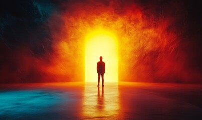 Obraz premium Person standing in front of an enormous glowing archway, light spilling onto their silhouette, symbolizing a new chapter in life, vibrant contrast in colors