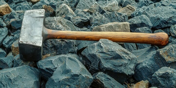 Hammer is laying on a pile of rocks