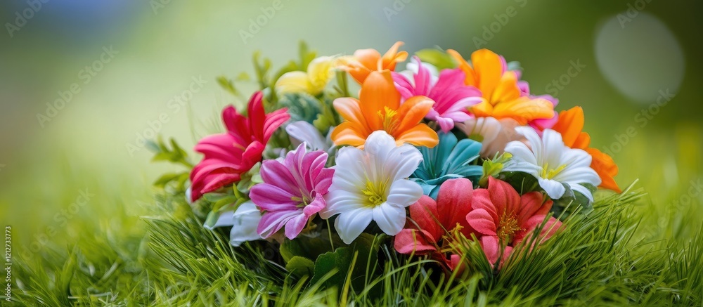 Aufkleber vibrant artificial flower arrangement in lush green grass ideal for enhancing home decor and adding 