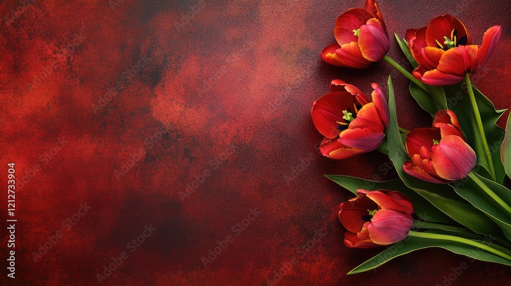 Poster colorful red tulip flowers on a textured dark background with space for text or branding in a floral
