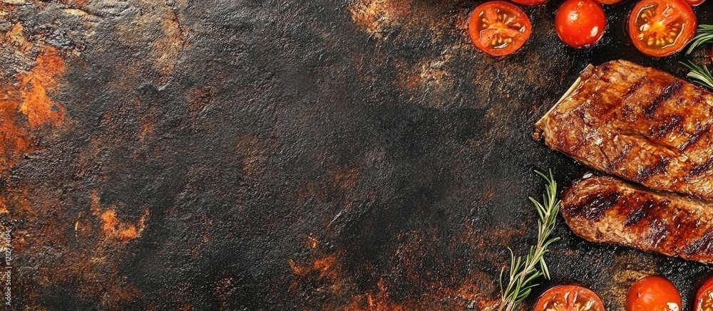 Poster Grilled Pork Chops with Fresh Rosemary and Halved Cherry Tomatoes on Rustic Black Surface with Empty Space for Text Ideal for Culinary Promotions