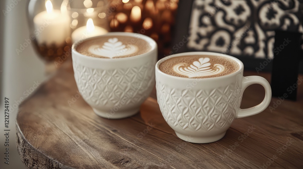 Poster elegant latte art in two textured white coffee cups on a rustic wooden table with soft candlelight a