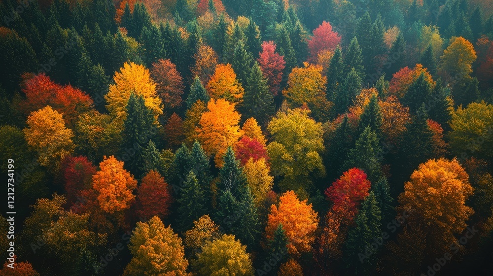 Poster aerial view of a vibrant autumn forest showcasing a stunning array of colorful deciduous and evergre