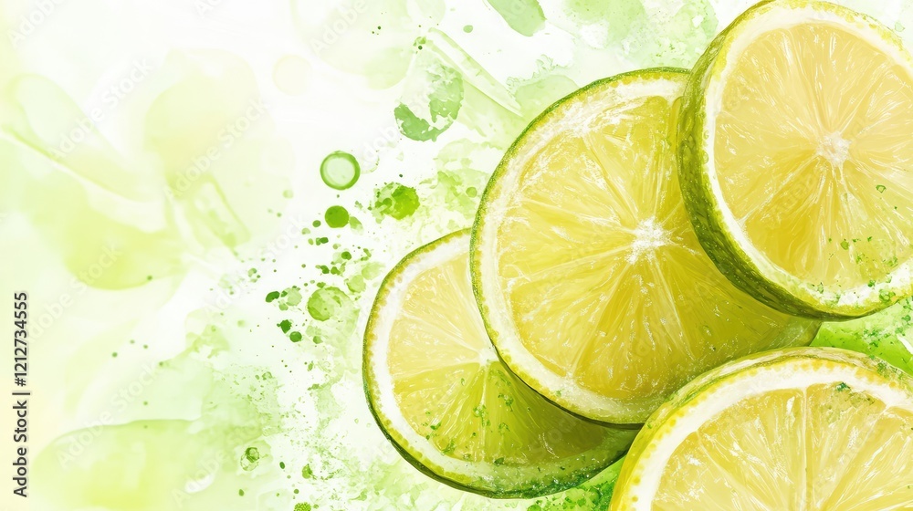 Poster Vibrant fresh lemon slices on a light green abstract background with splashes of citrus colors in a summery kitchen setting.