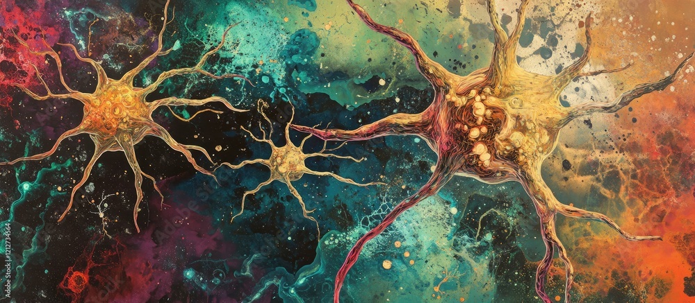 Poster dynamic abstract depiction of interconnected yellow neurons against a vibrant cosmic background of b