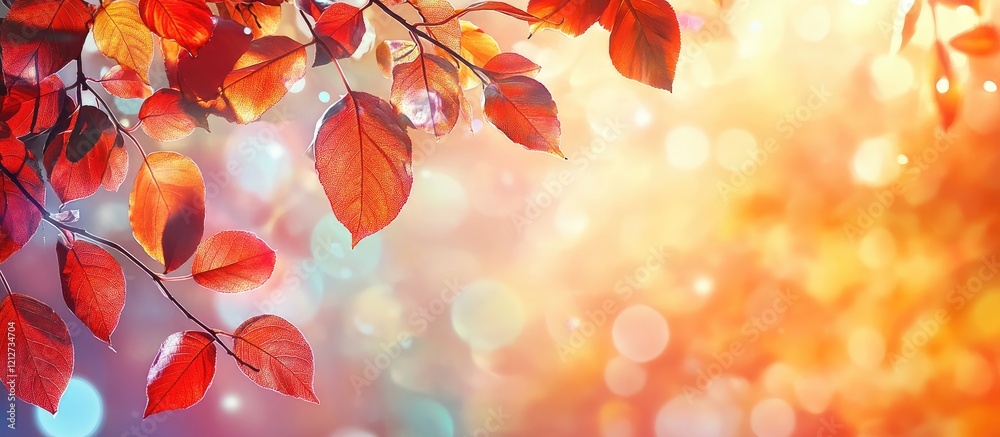 Poster vibrant autumn still life featuring red and orange leaves against a soft golden bokeh background wit
