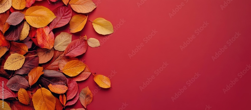 Poster Vibrant autumn leaves in red orange gold and brown arranged on a deep red background creating an empty space for text and design elements