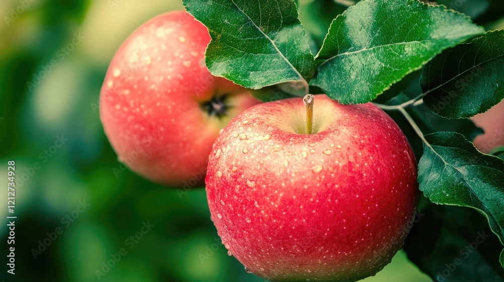 Poster red apples on a branch with green leaves showcasing droplets of water in a macro nature shot