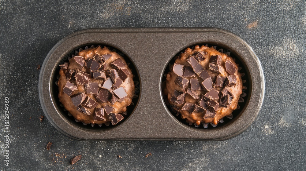 Poster chocolate banana muffins in cupcake mold with chocolate chunks on dark gray background top view show