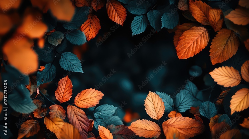 Poster vibrant autumn leaves in shades of orange and teal creating a natural frame on a dark background wit