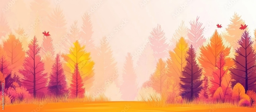 Poster serene autumn forest landscape featuring vivid orange and yellow leaves with a tranquil foggy backgr