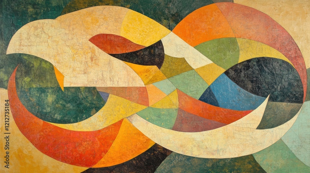 Fototapete Dynamic abstract composition featuring intertwining shapes and a rich color palette of organic and geometric elements.