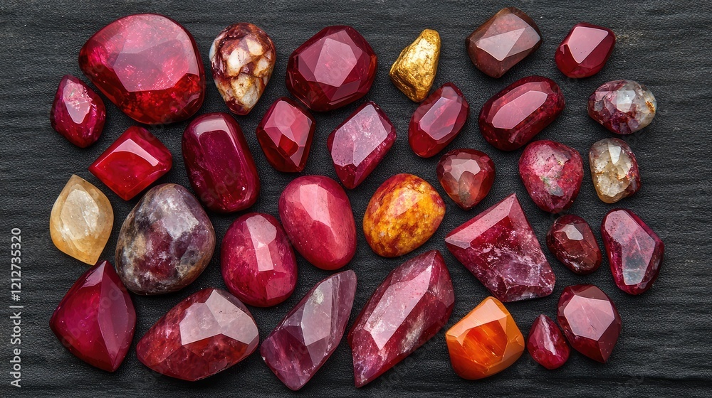 Poster Vibrant collection of ruby gemstones in various cuts and shapes arranged on a black slate background showcasing rich red hues and textures