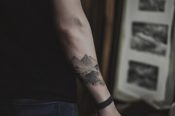 Tattoo artist showing a fine line tattoo of a mountain landscape on the forearm of a customer