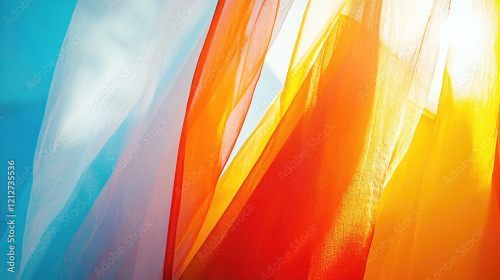Poster Vibrant abstract fabric textures illuminated by sunlight creating a dynamic visual effect with a serene background atmosphere