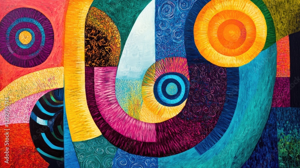 Poster Colorful abstract art blending technology elements with dynamic spirals and circular motifs in a vibrant composition.