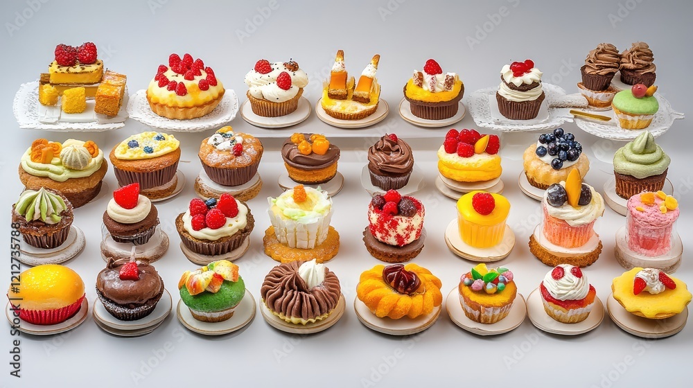 Poster colorful display of assorted pastries and desserts arranged on white platters ideal for culinary ins