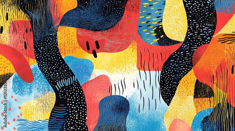 Fototapete Colorful abstract art texture with intricate linework and vibrant shapes creating a dynamic visual experience on a playful backdrop