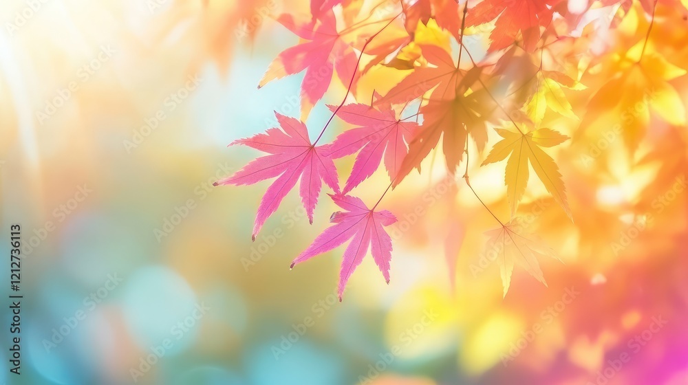 Poster vibrant autumn scene featuring multicolored maple leaves in soft focus with golden red hues and warm