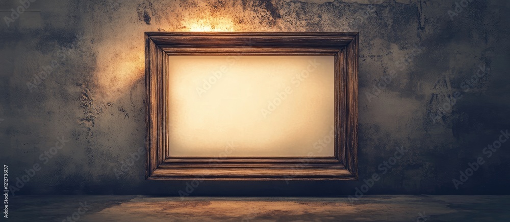 Aufkleber Rustic wooden frame with a blank canvas illuminated softly against a textured background ideal for showcasing art or personal memories