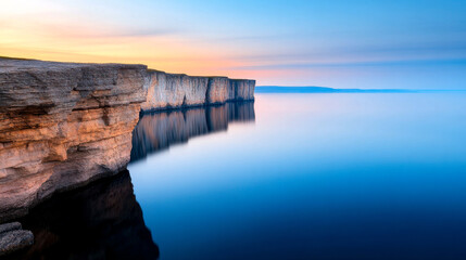 Fototapeta premium A serene coastal landscape at sunrise, featuring cliffs reflecting in calm waters, creating a tranquil and picturesque scene.