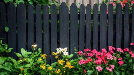 Fototapeta premium Vibrant Black Wooden Fence in Garden Surrounded by Colorful Flowers in Shades of Yellow Pink and White Against a Green Backdrop