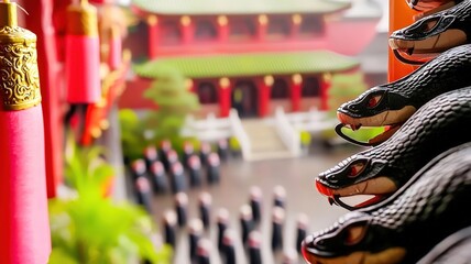 Fototapeta premium A vibrant scene featuring decorative snakes and a blurred background of a traditional building, hinting at a cultural celebration or ceremony.