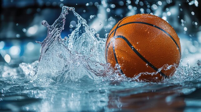 Energetic basketball creating dynamic splash in shimmering cool blue water with droplets reflecting light in a vibrant sports photography setting