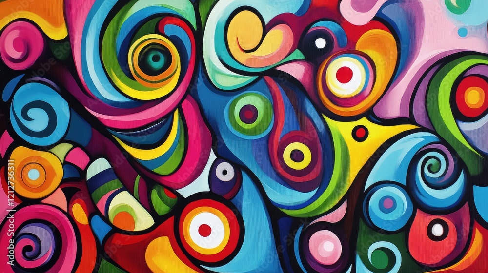 Leinwandbilder Colorful abstract composition with dynamic swirls and circular patterns creating a vibrant visual experience in modern art.