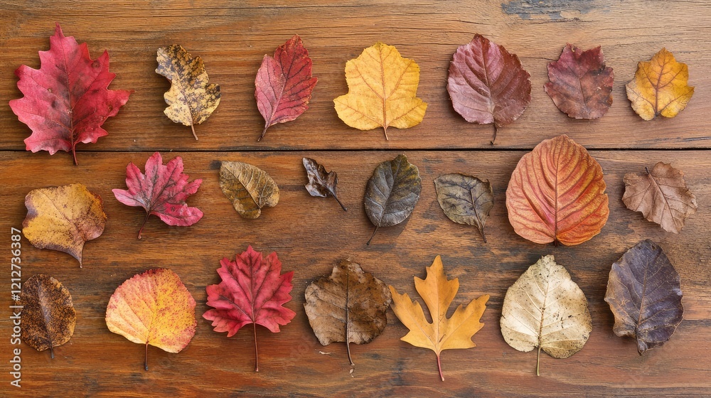 Poster diverse vibrant autumn leaves in various shapes and sizes arranged on rustic wooden surface with ric