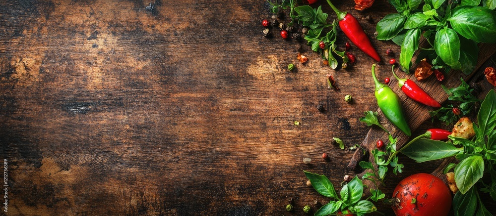 Poster fresh green chili peppers and vibrant herbs on a weathered wooden table with rustic cheese pizza ele