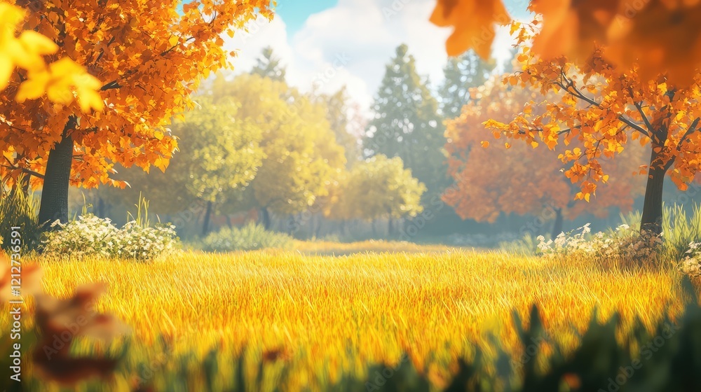 Aufkleber vibrant autumn landscape featuring golden leaves in foreground with blurred background of trees and 