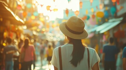 Obraz premium vintage festival street scene with bokeh effect and warm tones capturing joyful atmosphere and vibrant decorations in the background