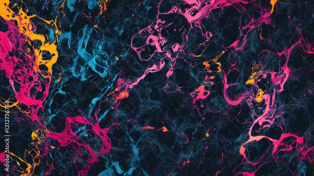 Poster Vivid abstract chaotic pattern with colorful swirls on a dark background suitable for creative projects and digital design elements