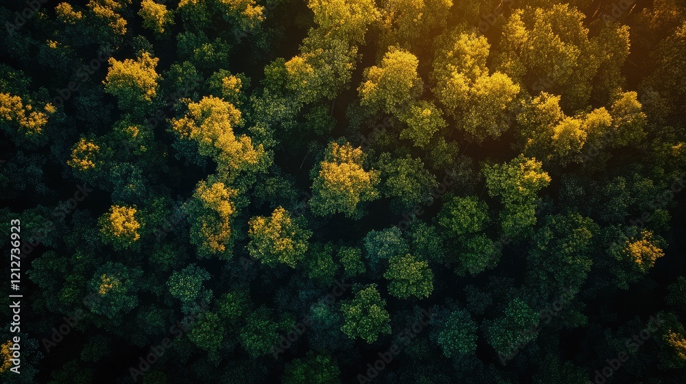 Poster vibrant treetops in sunlight with lush green foliage creating a serene forest canopy view from above