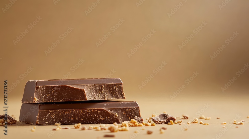 Poster delicious rich dark chocolate bars stacked on warm beige background with crushed nuts and cocoa crum